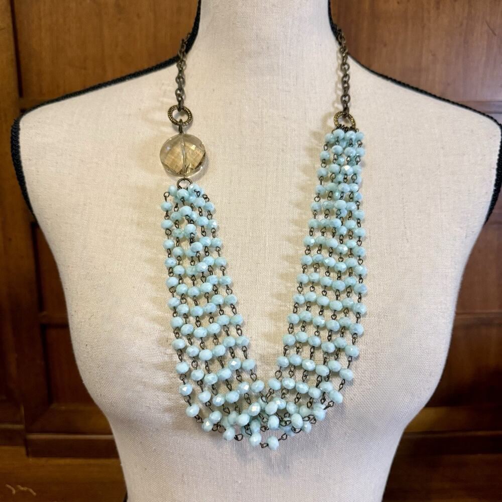 VTG 6 Strand Aqua Blue Facet Glass Beaded Statement Necklace 32” Crystal Accent